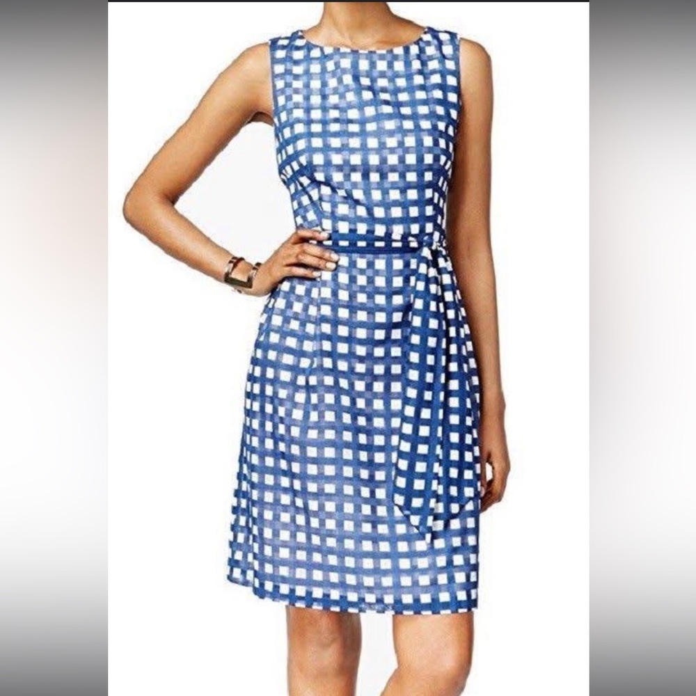 Anne Klein Womens Gingham Sleeveless Wear to Work Dress Blue 4